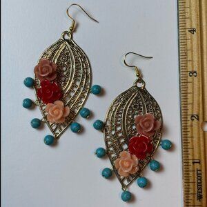 Beautiful Handmade Goldtone Filigree Earrings with Rose Beaded Accents, Dangles